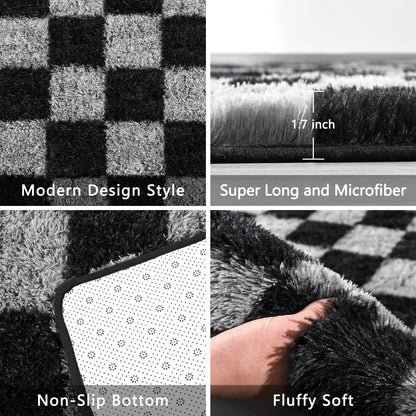 FALARK Rugs for Living Room Bedroom, 6x9 ft Black and Grey Checkered Area Rug, Fluffy Soft Washable Carpet, Modern Non-Slip Shag Carpets for Dorm Home Decor Aesthetic, Nursery, Playroom
