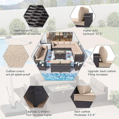 ALAULM 15 Pieces Outdoor Patio Furniture Set with Propane Fire Pit Table Outdoor Sectional Sofas Patio Furniture 43" Gas Fire Pit Brown PE Rattan Patio Conversation Set w/12 Cushions-Sand