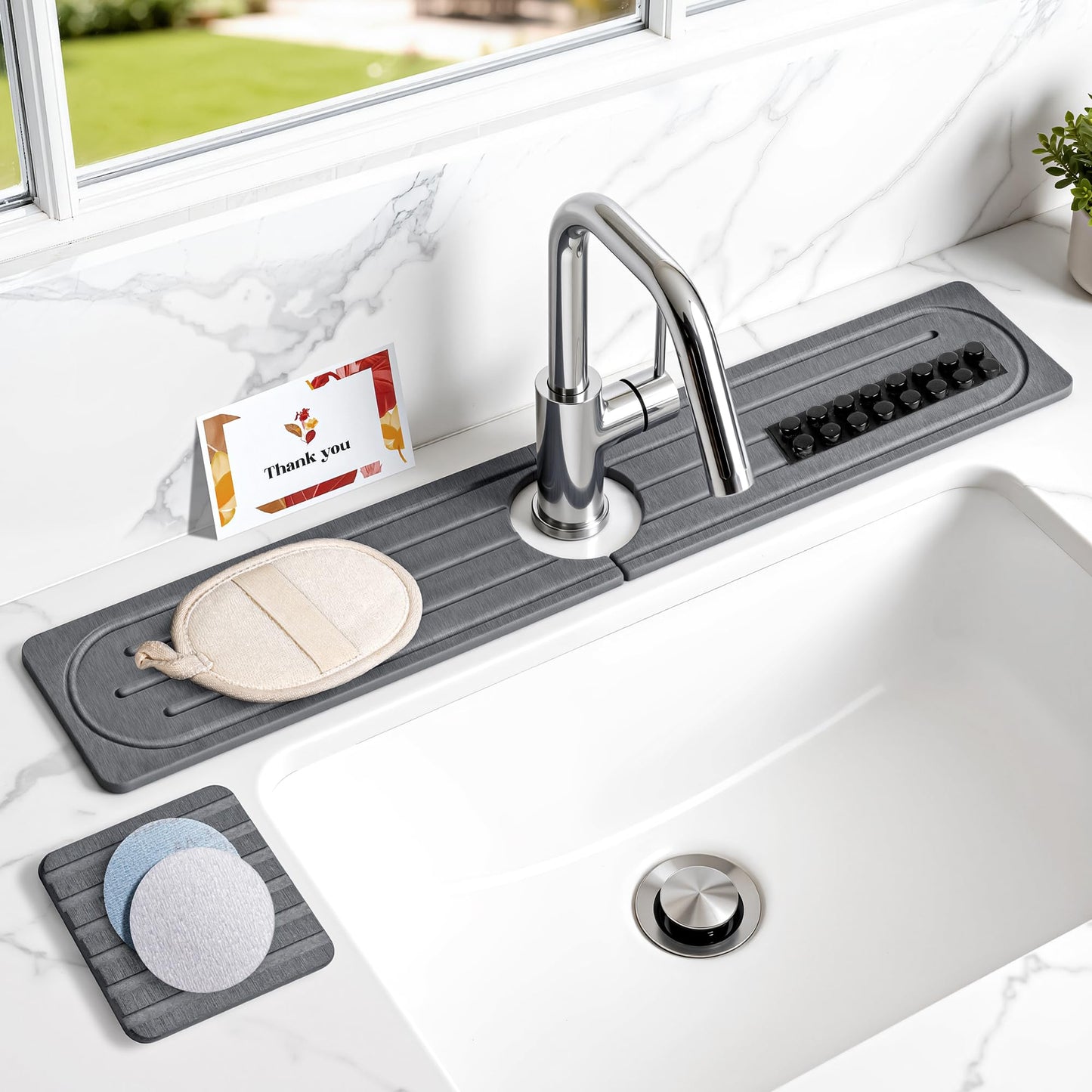 Stone Drying Mat for Kitchen Counter, Diatomite Faucet Mat for Sink with Non-Slip Pads, Fast Dry Water Absorbing Sink Splash Guard and Coaster - Durable and Stylish Design ( 23.5×3.9 Inch ) (GREY)