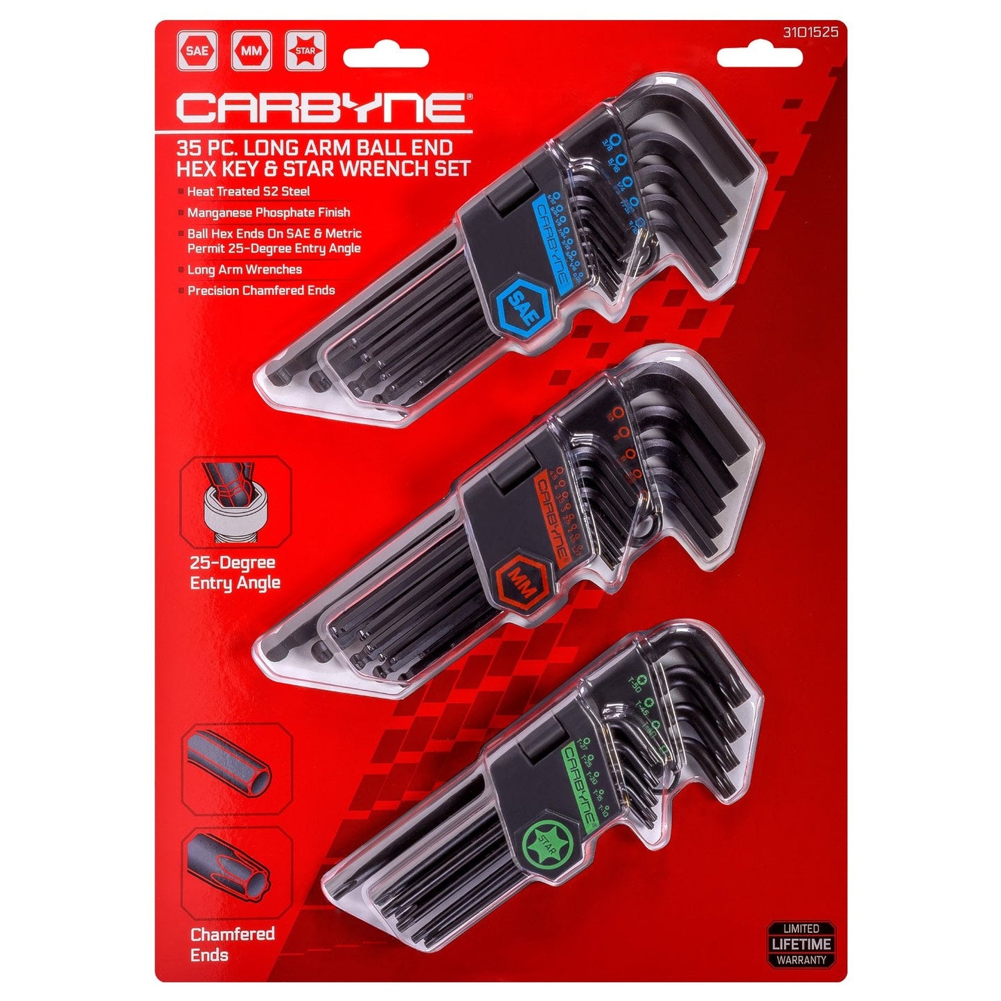 35-Piece Long Arm Ball End Hex (Allen) Key Wrench Set, Metric, SAE and Torx Keys, S2 Steel, 1.27mm to 10mm, 0.05 to 3/8 in, and T10 to T50, for Automotive, Bicycle, Household and Furniture Repair