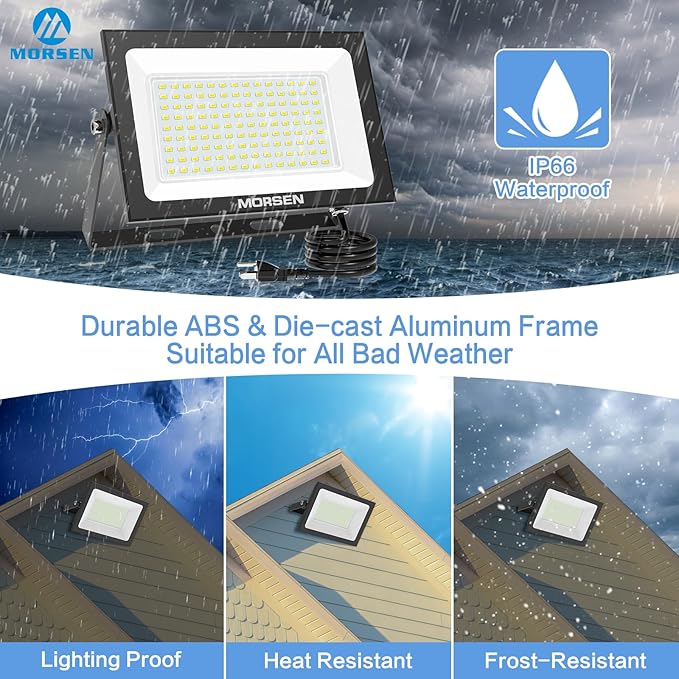 MORSEN 100W Flood Lights Outdoor, 18000lm Bright LED Work Light with Plug, 6500K Daylight White LED Flood Lighting, IP66 Waterproof Security Yard Lights for Yard Garage Stadium 2 Pack