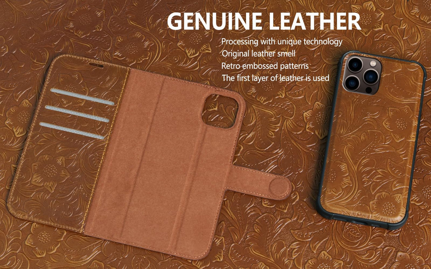 RMAWRAD Leather Case Compatible with iPhone 16 Pro Max Wallet 6.9",Genuine Leather 2in1 Magnetic Detachable Shockproof Kickstand,Flip Folio Cover with Card Slot,Wireless Charging RFID Blocking Brown