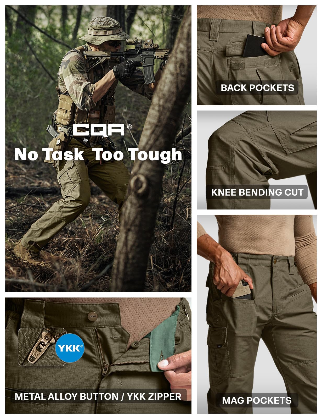 CQR Men's Tactical Pants, Water Resistant Ripstop Cargo Pants, Lightweight EDC Work Hiking Pants, Outdoor Apparel, Raider Soil Green, 34W x 30L