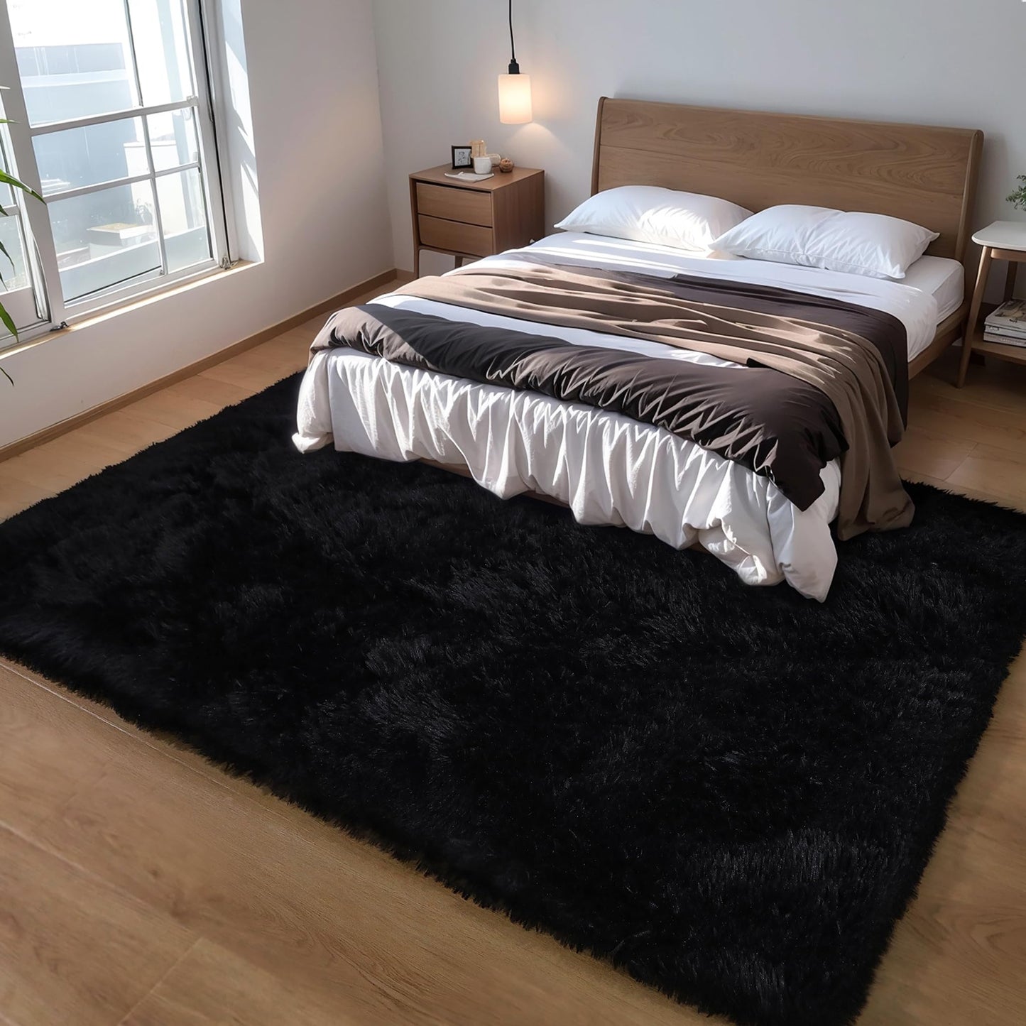 KICHOWUA 5x8 Black Fluffy Shag Rug for Bedroom, Ultra Soft Plush Fuzzy Washable Non Slip Floor Cozy Carpet, Modern Comfy Furry Shaggy Area Rug for Living Room, Kids Baby Boys Girls Nursery Dorm