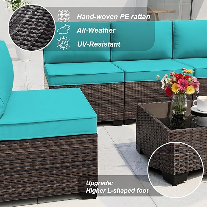 ALAULM 13 Pieces Patio Furniture Set with Fire Pit Table Outdoor Sectional Sofa Sets Outdoor Furniture 43" Gas Fire Pit CSA Approved PE Rattan Patio Conversation Set w/10 Seat Cushions (Blue)