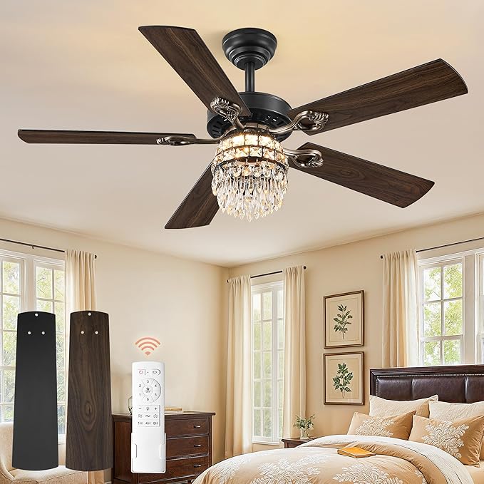 Fanbulous 48 Inch Crystal Chandelier Fan with 22w LED, Fandelier Ceiling Fan with Light, Dimmable, 3CCT, 6-Speeds, Quiet DC Motor, Ceiling Fan Chandeliers, Modern Ceiling Fans for Bedroom, Living Room