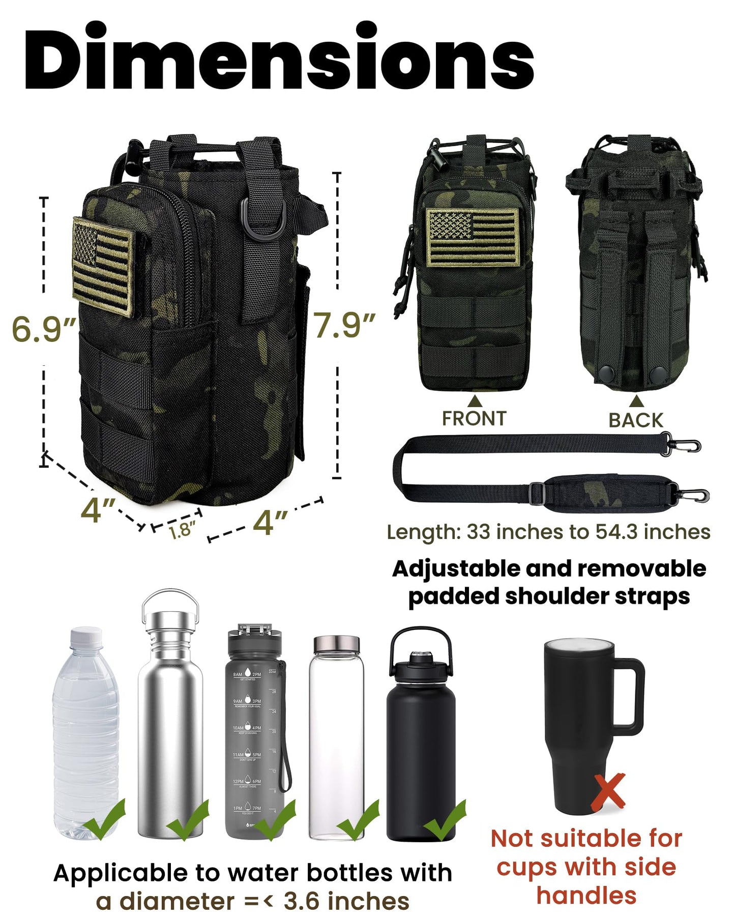 DEFUNX 32 Oz Water Bottle Holder with Strap Bottle Carrier Bag with Phone Pocket MOLLE System for Walking Black Camo