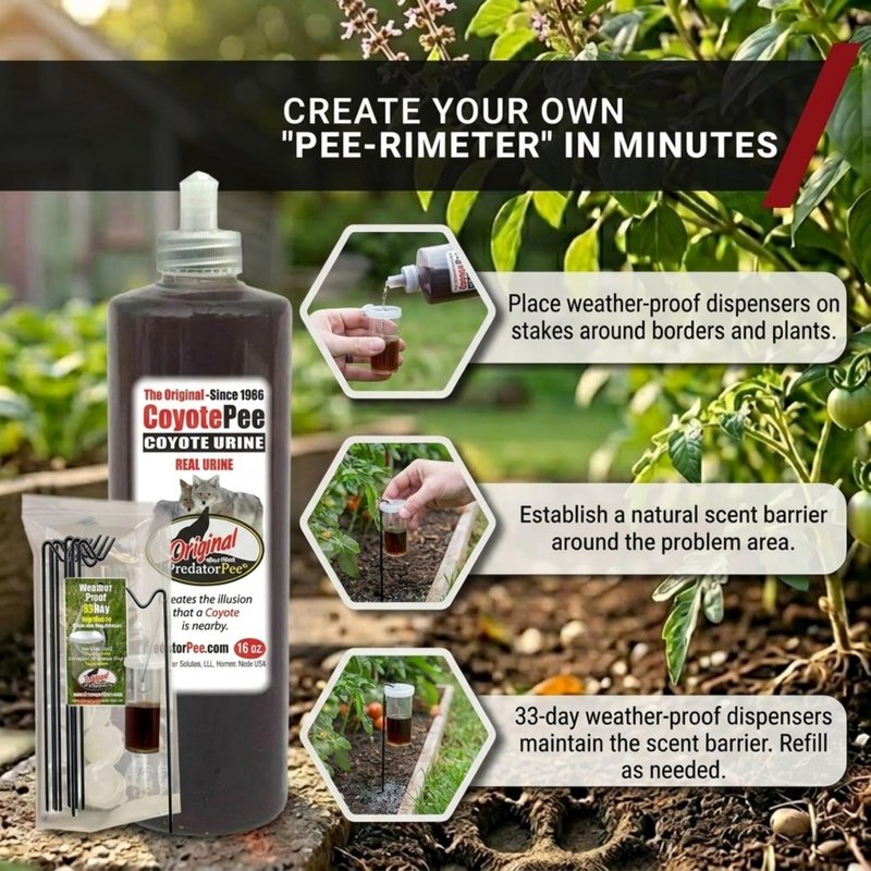 PredatorPee 100% Coyote Urine EZ Fill Squeeze Cap Bottle with 33 Day Dispensers, Territorial Marking Scent for Outdoor Use, Creates Predator Presence Illusion for Deer Raccoons Groundhogs Rats, 16 Oz