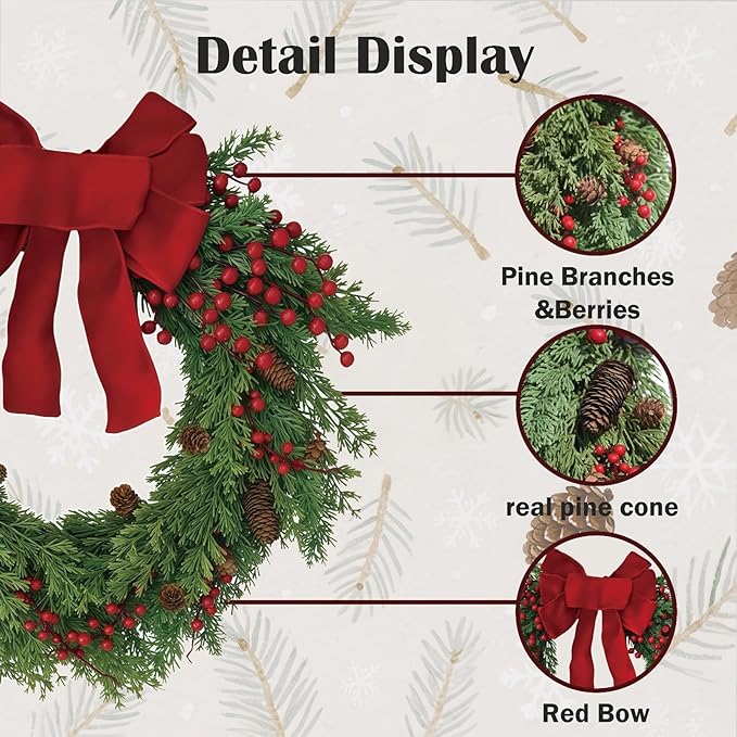 Christmas Wreath for Front Door, Red Bow & Real Pine Cones with Pine Branches & Berries, Artificial Holiday Wreath for Indoor & Outdoor Wall Decor (20 inches)