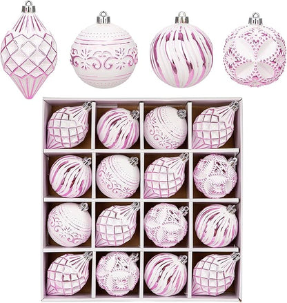 16PCS Shatterproof Christmas Ball Ornaments Set, Hand-Painted Holiday Decor with Assorted Sizes & Designs for Christmas Tree Thanksgiving Party Decoration, Pink-White