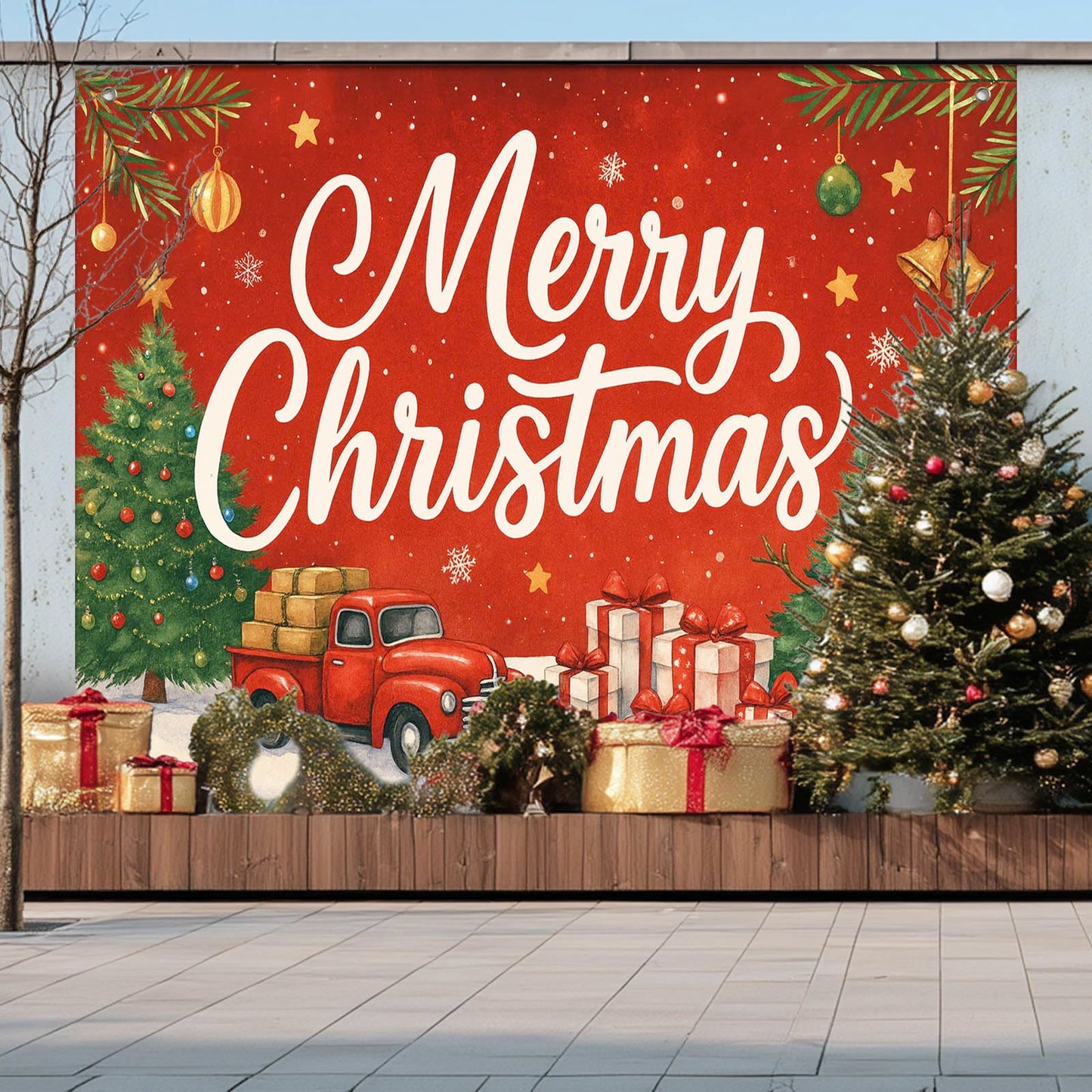 HOMETITUTE Red Truck Christmas Backdrop 8×6ft Snowman Gift Tree Holiday Party Banner for Family Photography Winter Decoration Background
