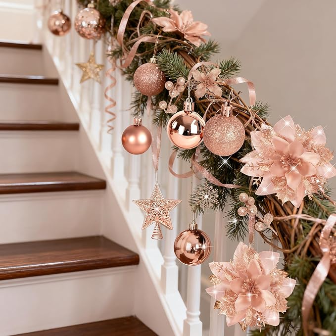 76Pcs Christmas Tree Decorations Set, Rose Gold Assorted Ornaments with Large Shatterproof Plastic Balls, Star Tree Topper, Glitter Berries Stems, Ribbon for Indoor Garland Home Holiday Wedding Decor