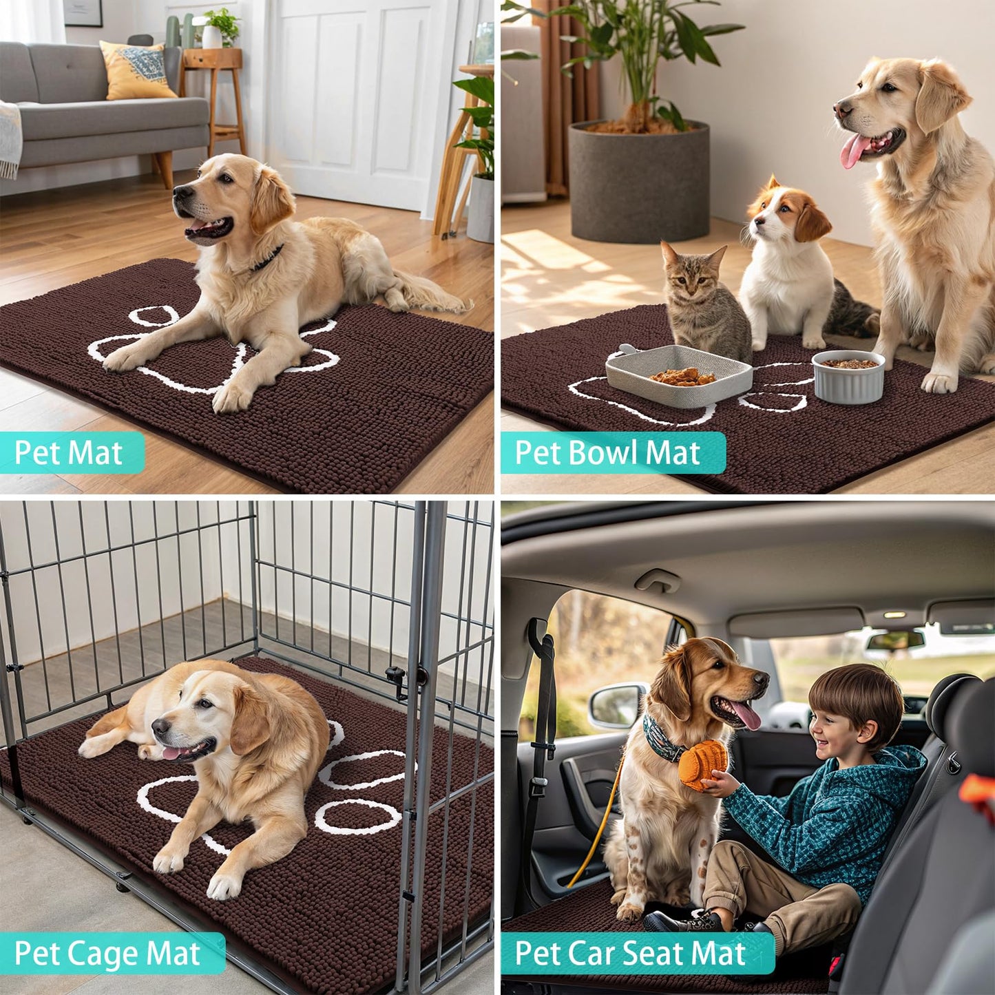 Smiry Dog Door Mat for Muddy Paws, Absorbent Dirt Trapper Non Slip Quick Dry Washable Chenille Mat for Mud Dogs, Entry Rug for Indoor and Outdoor (47x32 Inches, Brown and White)