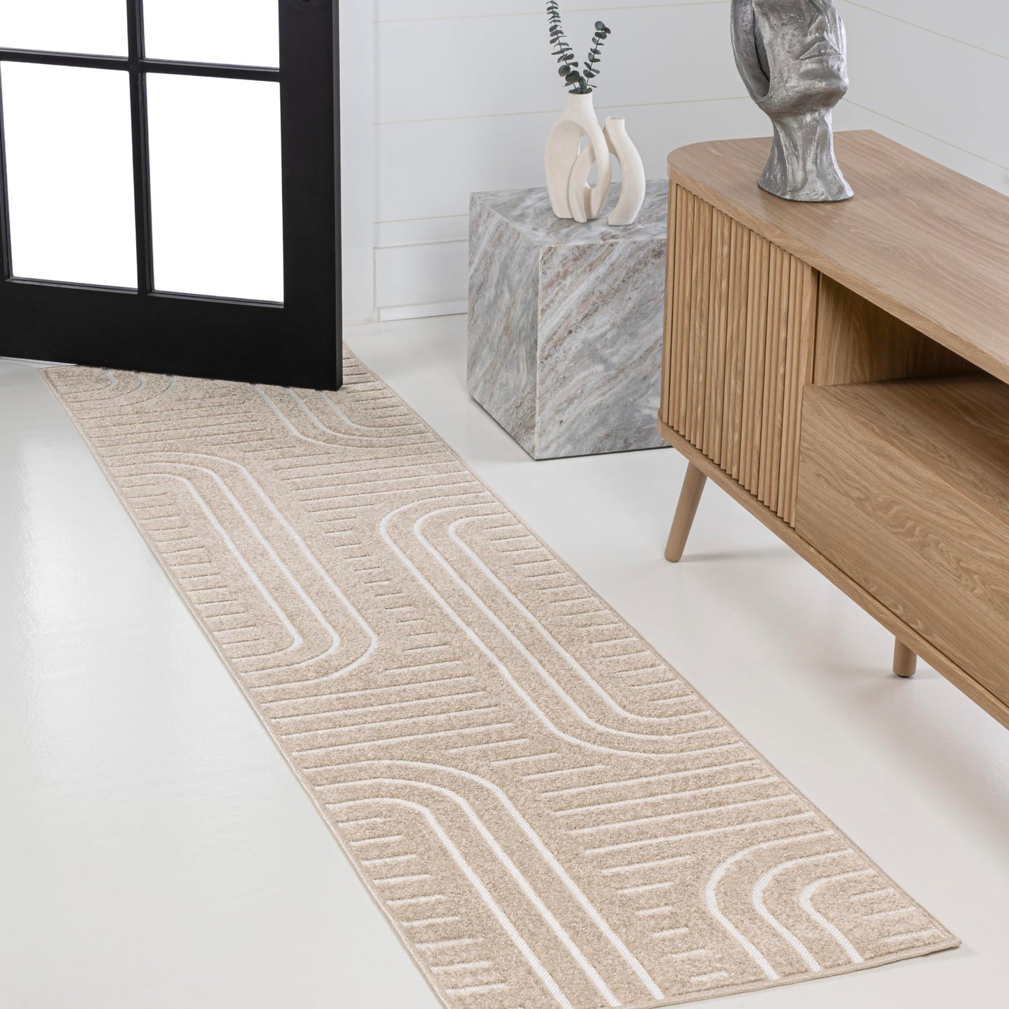 JONATHAN Y High-Low Arch Stripe Two-Tone Beige/Cream 2x8 Indoor/Outdoor Runner Rug, Anders MidCentury Modern, for Patio, Backyard, Living Room, Bedroom, Office, Hose-Washable (SCN107C-28)