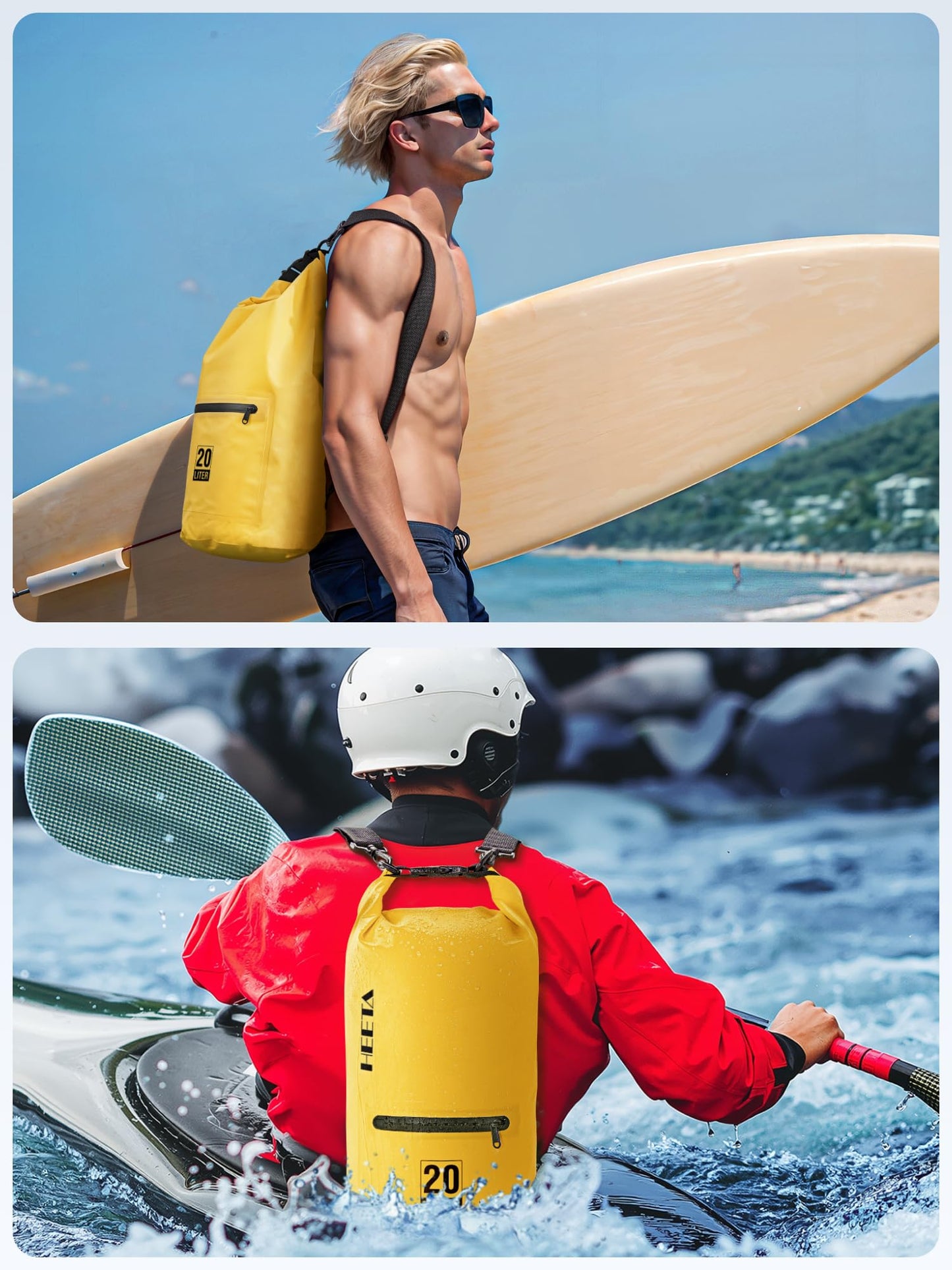 HEETA Waterproof Dry Bag with Front Zippered Pocket for Women Men, Roll Top Lightweight Dry Storage Bag Backpack for Travel, Kayaking, Boating, Rafting, Camping, Hiking & Beach (Yellow, 5L)