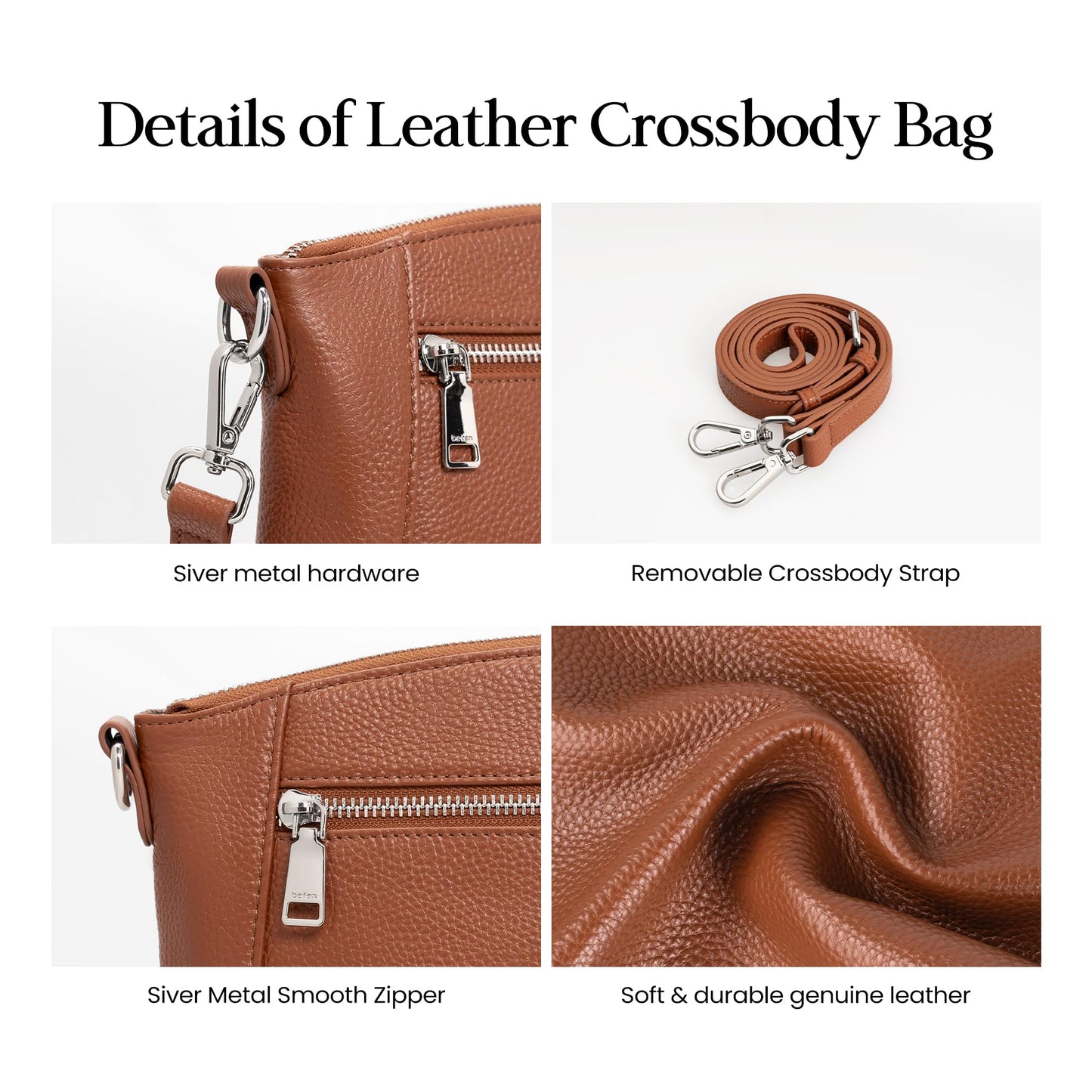 befen Anti Theft Small Crossbody Bags for Women Genuine Leather Purses, Womens Shoulder Bag with RFID Blocking Card Slots for Daily & Travel Cognac Brown