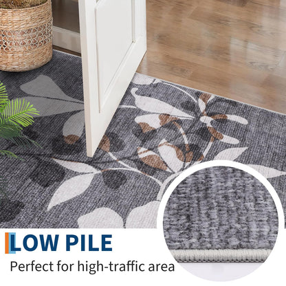 Garvee 5x7 Washable Living Room Rugs, Non Slip Bedroom Rugs, Large Floral Print Throw Carpet for Dining Room, Soft Low Pile Botanical Home Decor Rug for Nursery Home Office, Grey