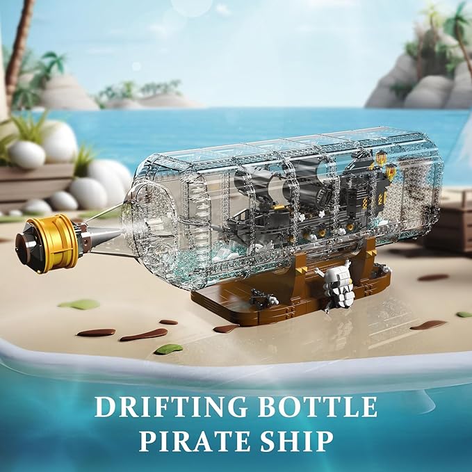 Mould King 10065 Drift Bottle with Black Pearl Ship Building Blocks Set Pirate Ship in Bottle Model Building Kit with Display Stand Toy for Age 14+/Adults(2206 Pieces)-Black Pearl Ship