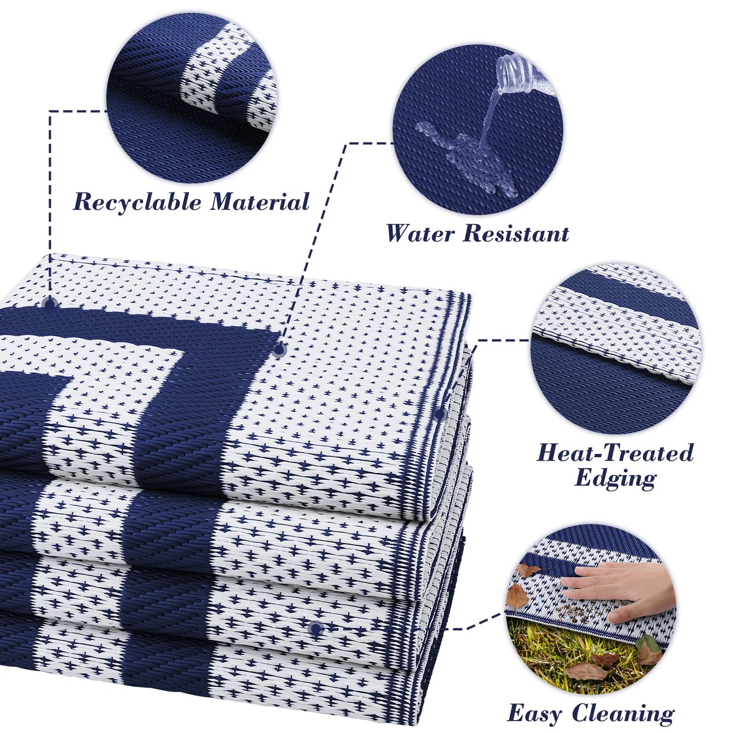 KMAT Outdoor Rug, Waterproof Reversible Patio Rugs, 5x8ft Large Outdoor Area Rug Foldable Plastic Camping Rugs for Outside RV, Patio,Picnic,Camper,Balcony,Porch (Blue &White)