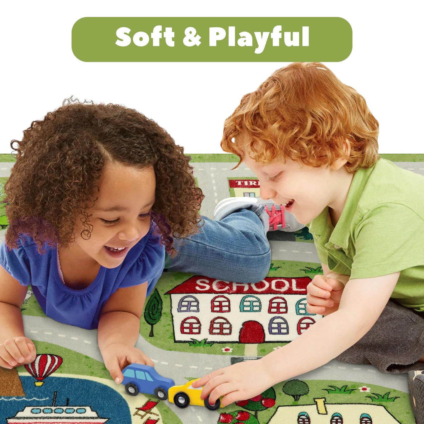 LIVEBOX Green Kids Playroom Rug, 5'x7' Washable Road Rug for Kids Room, Non-Slip Soft Car Rugs Play Mat for Baby Nursery, Large City Traffic Rugs Classroom for Boys Girls Dorm Toy Room Tent