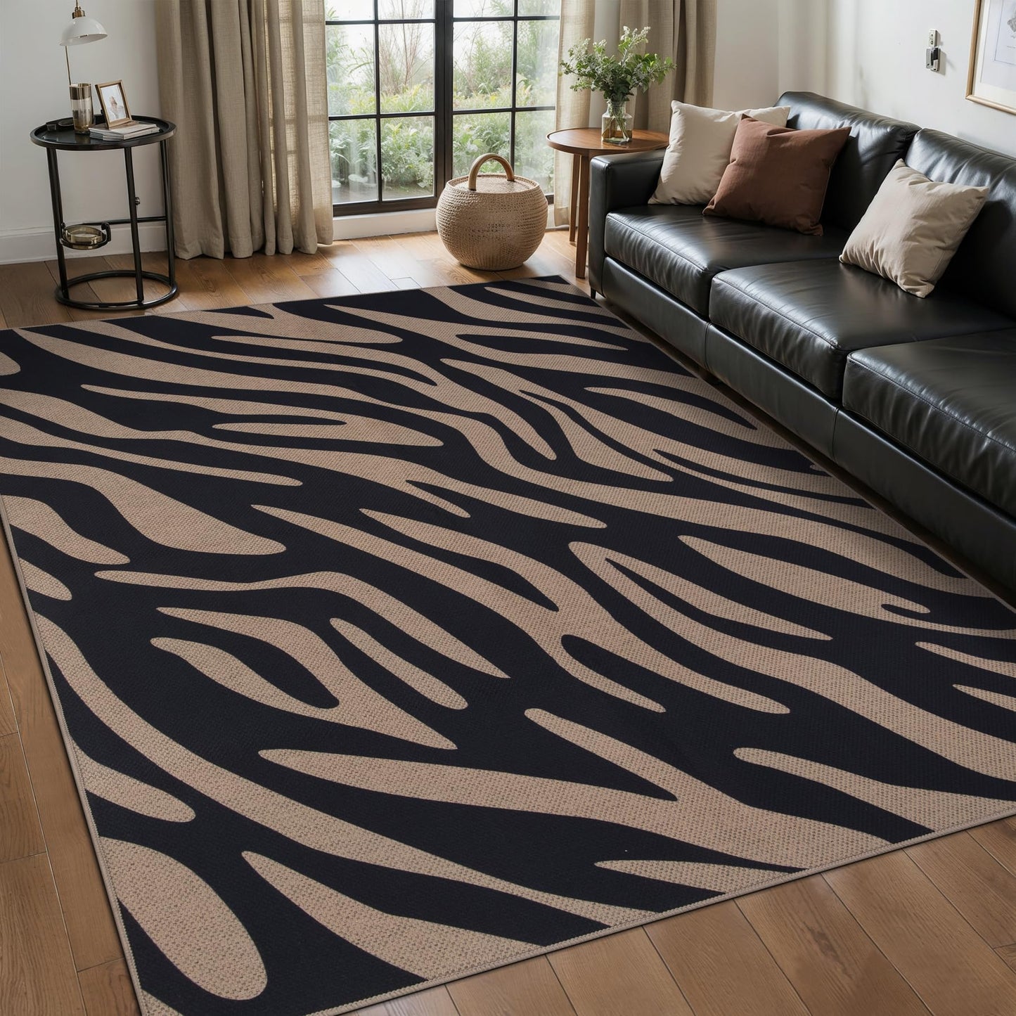 Tangsoo Modern Easy Jute 5x7 Large Washable Area Rugs for Dining Room,Black Non-Slip Thin Indoor Outdoor Rug,Neutral Zebra Pattern Print Mat for Living Room Home Office Backyard Patio