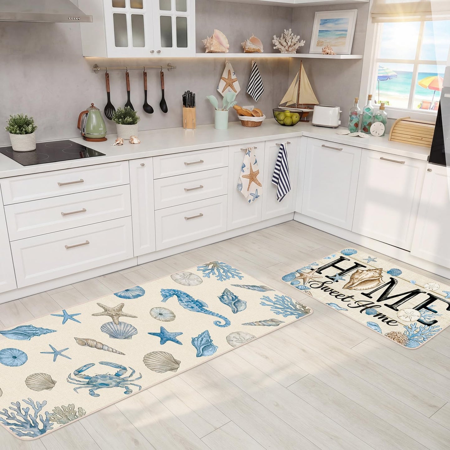 Dunzy 3 Set Coastal Kitchen Rugs Beach Rug Blue Crab Starfish Shell Sea Nautical Absorbent Mats for Sea Kitchen Bathroom Seasonal Home Decor 3 Sizes
