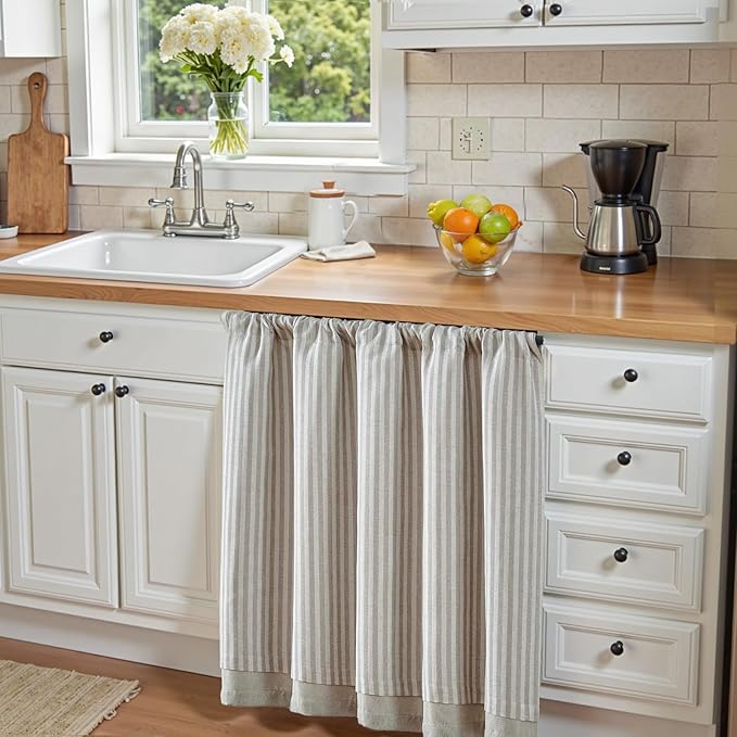 jinchan Double Layer Striped Linen Kitchen Tier Curtain Rustic Cafe for Living Room Bathroom Half Window Curtain Light Filtering Rod Pocket 1 Panel 36 Inch Taupe Grey