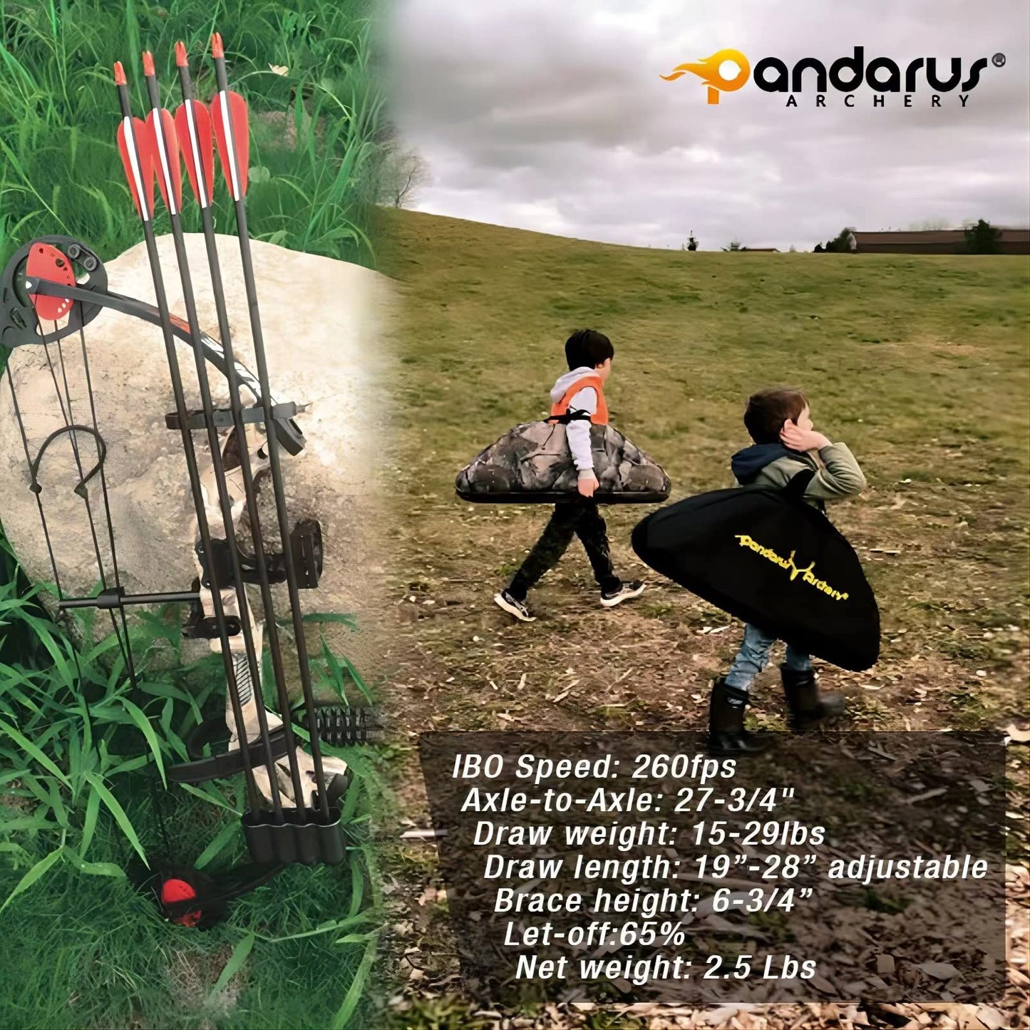 PANDARUS Compound Bow Archery for Youth and Beginner, Right Handed,19”-28” Draw Length,15-29 Lbs Draw Weight, 260 fps (Camo Left Handed)