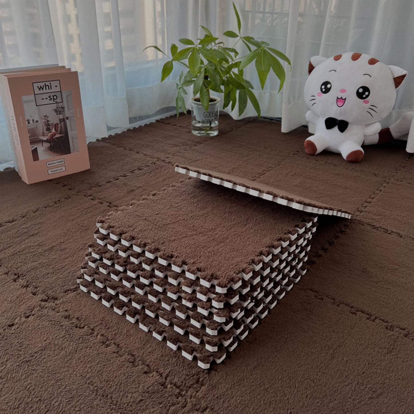 Interlocking Carpet Shaggy Soft EVA Foam Mats Fluffy Area Rugs Protective Floor Tiles Exercise Play Mat for Children Kids Room Home Parlor Bedroom 12 pcs (Coffee, 12)