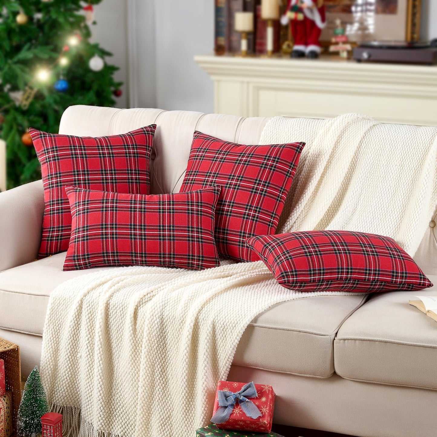 Red Tartan Plaid Christmas Decorative Throw Pillow Covers 18x18 Set of 2, Red Plaid Christmas Decor Tartan Pillows for Couch Bed & Living Room, Retro Classic Xmas Decorations for Winter Holiday