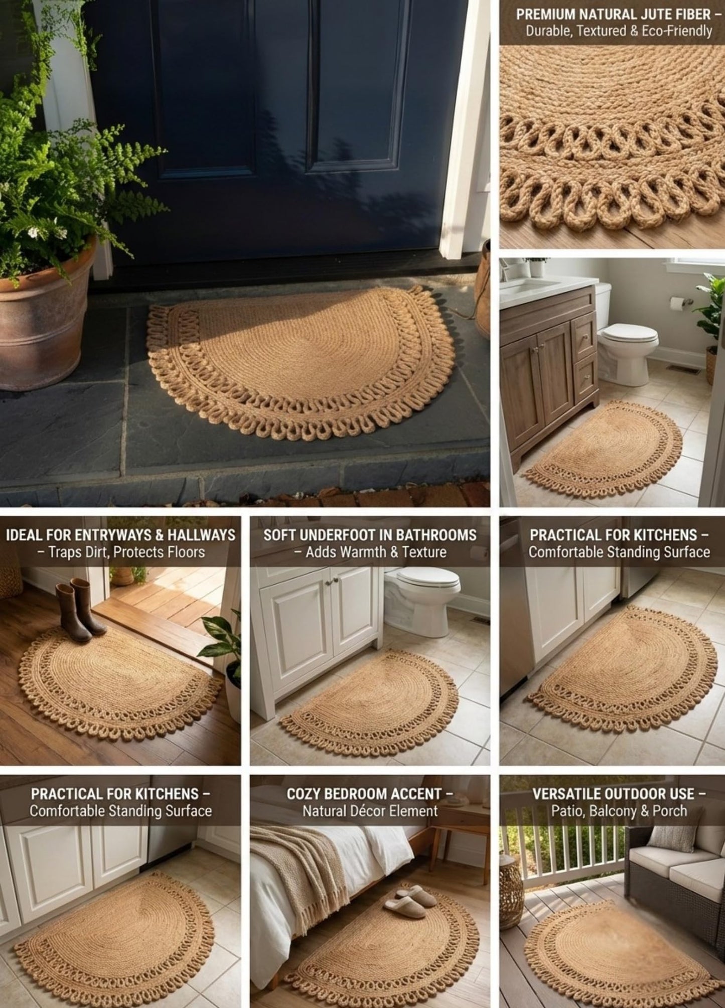Jute Semi Circle Doormat – Half Moon Braided Front Door Mat, Non Shedding & Washable, Non Slip Backing, Waterproof Indoor Outdoor Entryway Rug for Porch, RV, Camper & Boat