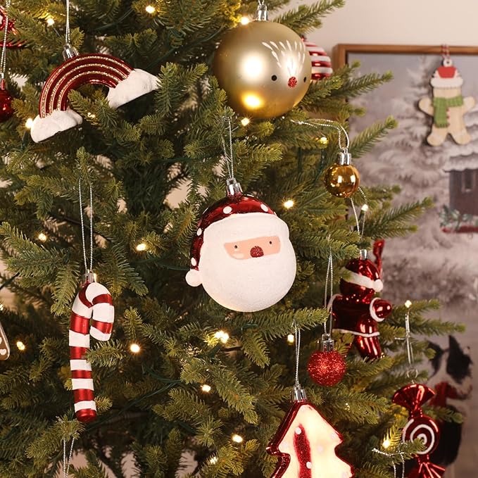 Alupssuc 65pcs Christmas Balls Ornaments Set, Shatterproof Plastic Baubles Gingerbread House, and Tree Topper for Xmas Tree Holiday Wedding Party Decorations with Hanging Strings, Gold & Red, White