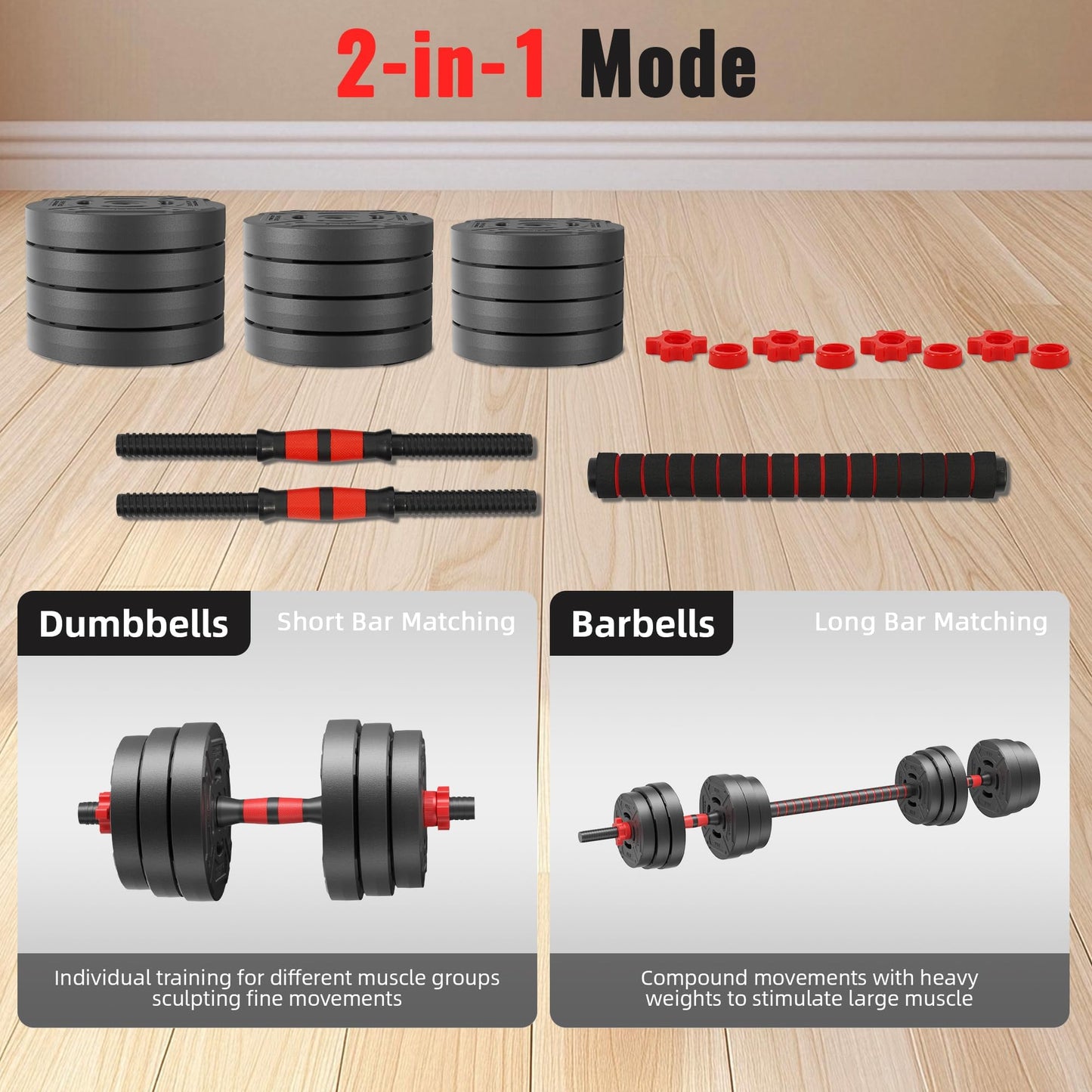 Fitvids Multi-Functional Portable Changeable Dumbbell and Barbell Kettlebell Set with Adjustable Weights, 40LBS or 60LBS Sets, 2-in-1 or 4-in1, Multiple Sizes