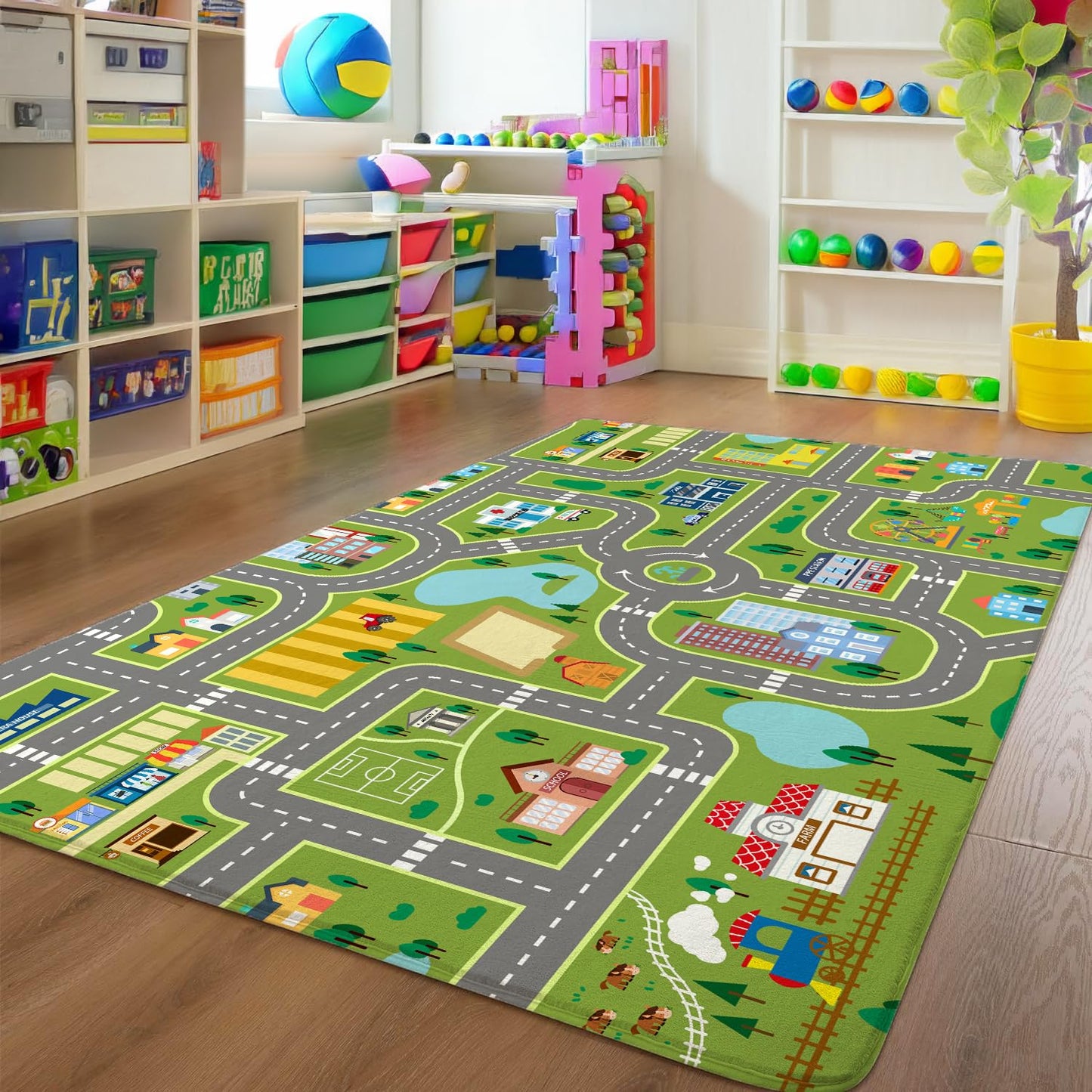 AUSTAB Kids Room Rug City Life Great for Playroom Classroom Bedroom - Non-Slip City Pretend Room Mat (Large- 5 x 7 FT)