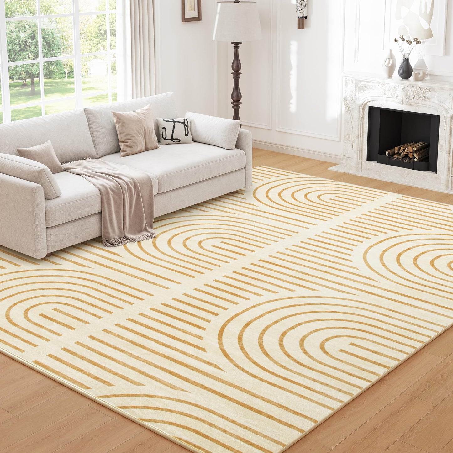 8x10 Washable Rugs for Living Room, Soft Large Rugs, Orange Abstract Rainbow Area Rug, Indoor Boho Carpet for Bedroom Dining Room Home Office, Non Slip Low Pile Mat