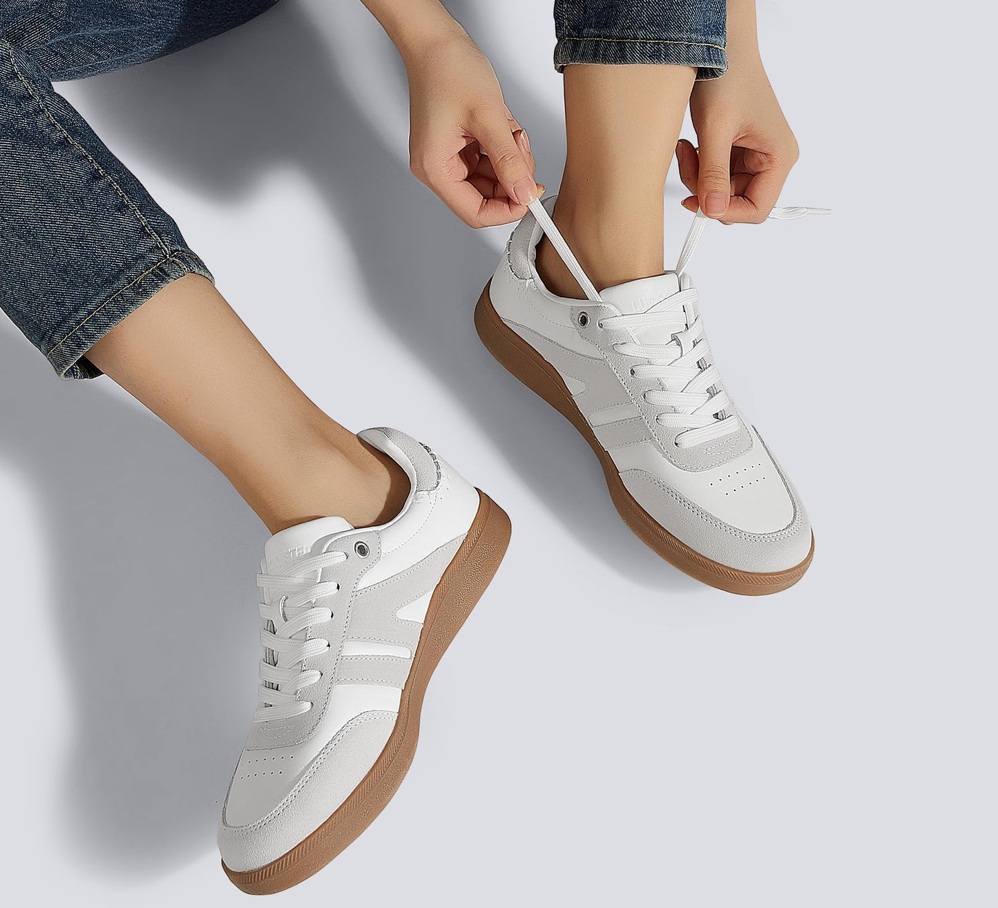 LUCKY STEP Women Classic Retro Gum Sole Fashion Sneakers Casual Tennis Skate Shoe Genuine Leather Walking Footwear Anti Slip Trainers(White/Grey,8.5)