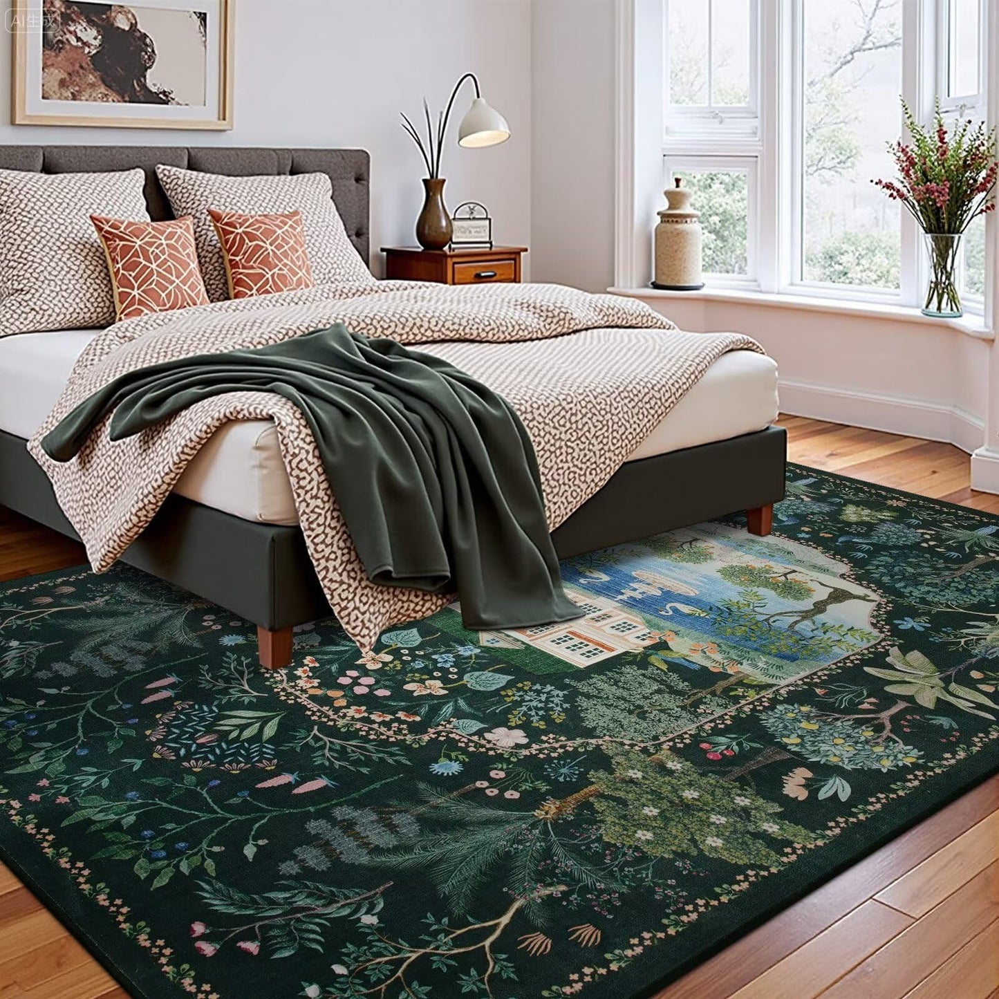 Vasofe 3x5 Bedroom Rug,Washable Rugs for Entryway, Living Room, Indoor Floor Mat, Modern Animal Peacock Floral Mats for Nursery, Farmhouse, Laundry Room, Non Slip Low Pile Soft Carpet, Black Green