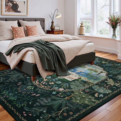 Vasofe 3x5 Bedroom Rug,Washable Rugs for Entryway, Living Room, Indoor Floor Mat, Modern Animal Peacock Floral Mats for Nursery, Farmhouse, Laundry Room, Non Slip Low Pile Soft Carpet, Black Green