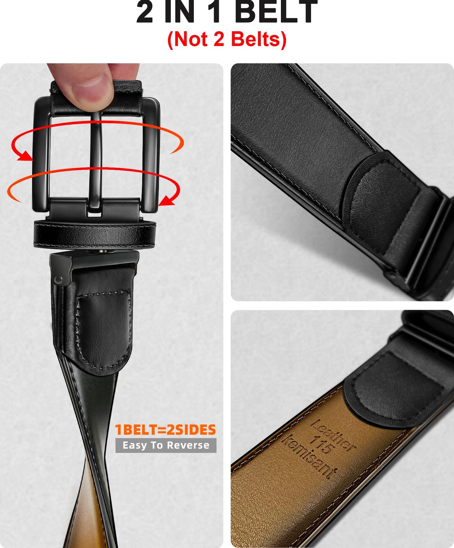 KEMISANT Men Reversible Belt-Leather Belt for Men Dress Casual Jeans 1 3/8",One Reverse For 2 Sides(Black/Tawny,28"-30" Waist Adjustable)