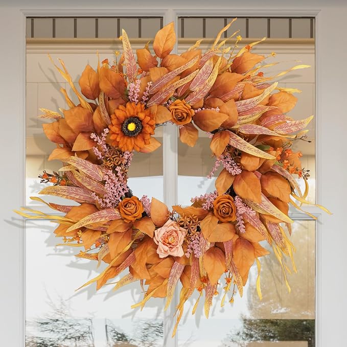 Fall Wreaths for Front Door 26 Inch, Front Door Wreath with Sunflowers Roses and Realistic Full Leaves, Outdoor Wreaths for Front Door Porch Farmhouse Home Harvest Thanksgiving Decor