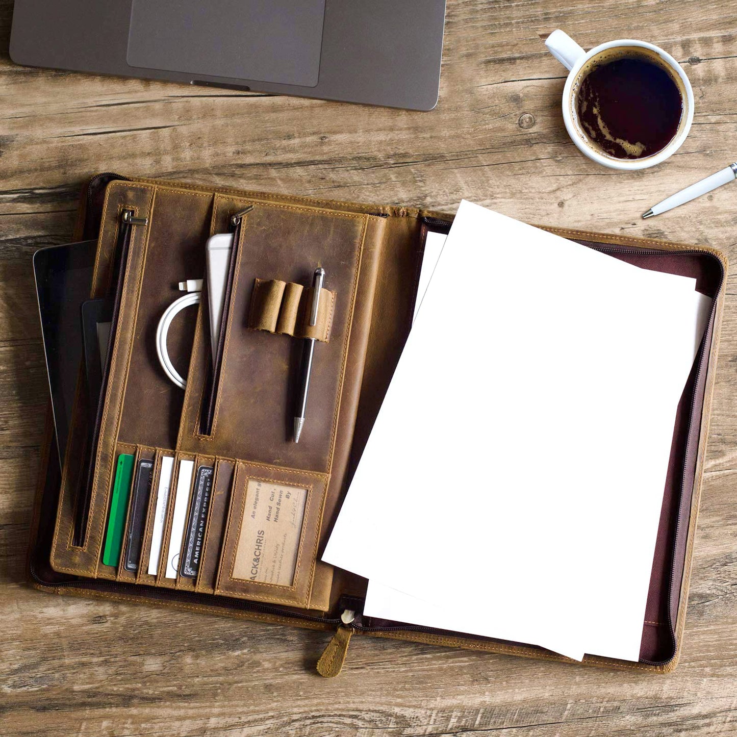 Ringsun Leather Portfolio Organizer with Zipper for Men Women, Leather Padfolio Business Resume Legal Pad Portfolio Notebook Binder for A4/Pad, Brown