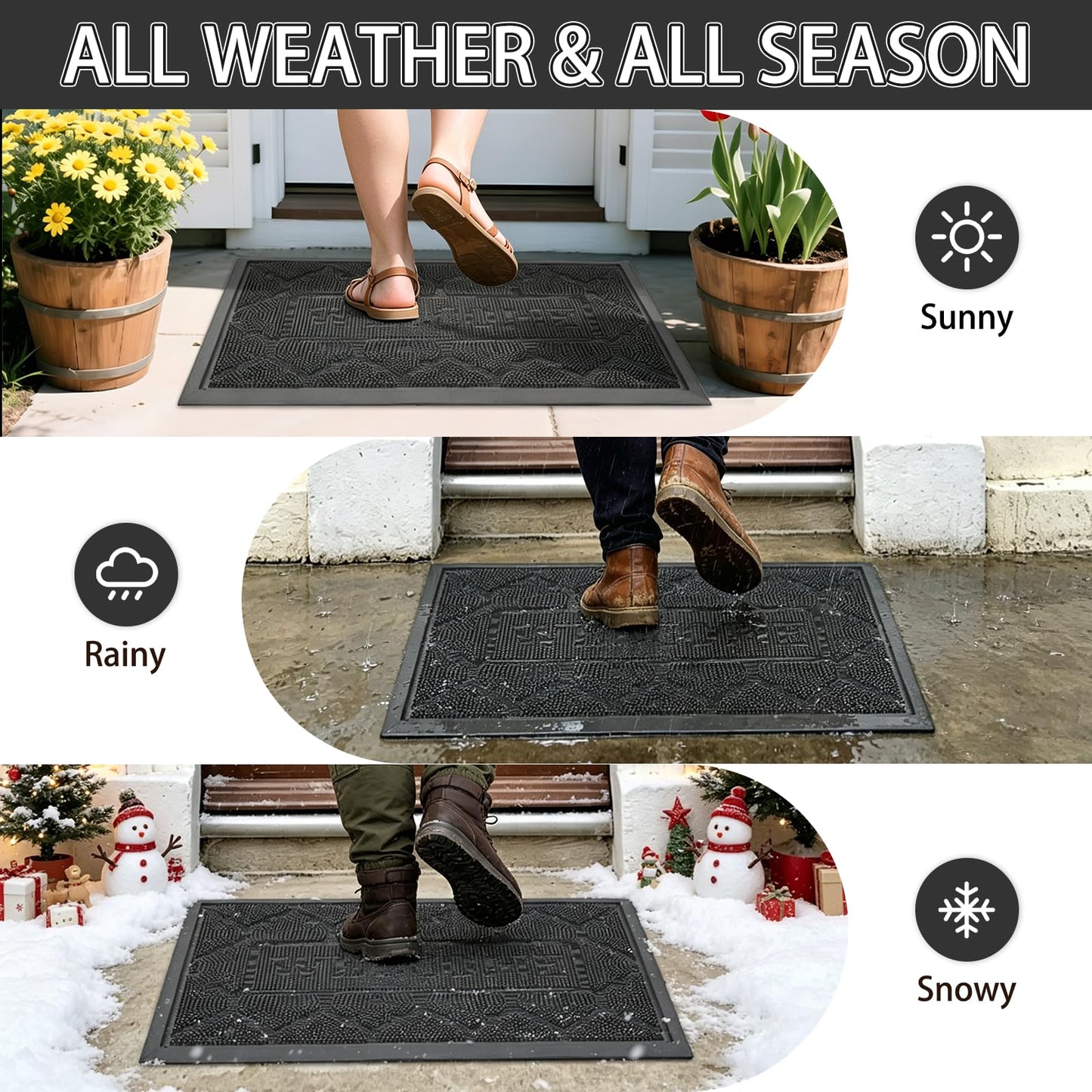 FRAMICS Front Rubber Door Mat Outside Entrance, 24x36 Doormat Heavy Duty Welcome Mat Dirt Trapping Non Slip Waterproof Door Mats for All Weather Patio Porch Garage Garden, Grey
