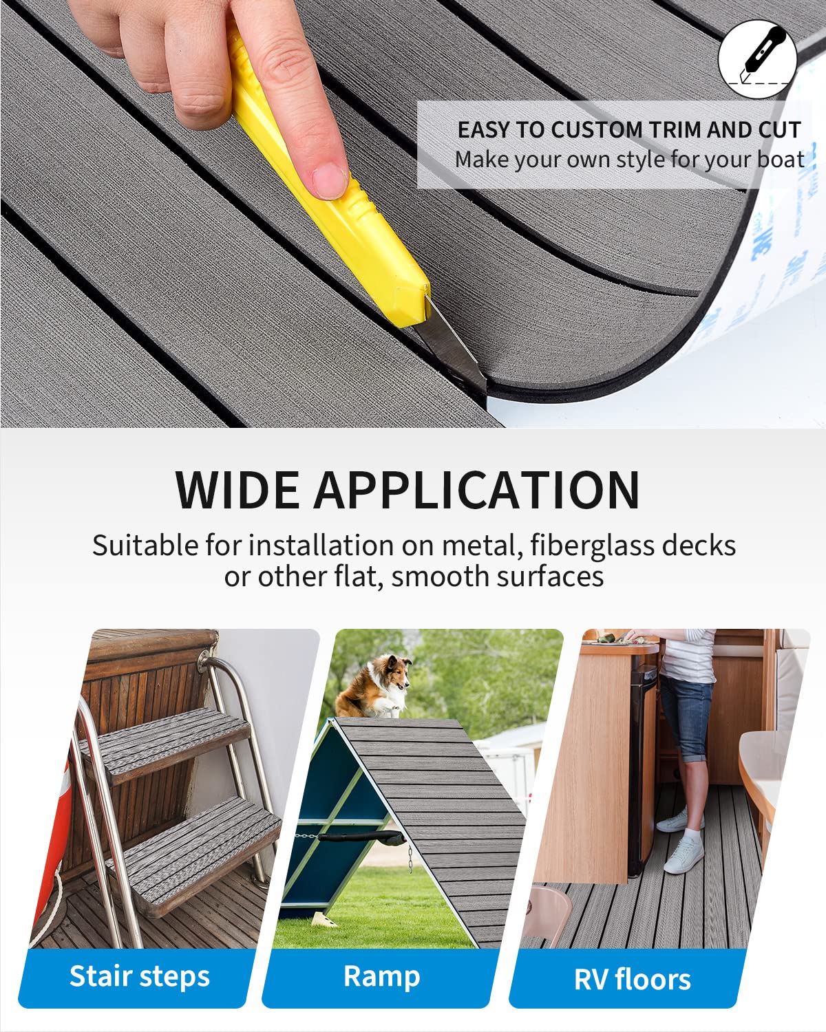 OCEANBROAD Self-Adhesive 48''x16.8'' Boat Flooring with 3M Adhesive Backing EVA Foam Boat Decking Faux Teak Marine Non-Slip Sheet for Jon Motor Boats Yacht Helm Pad Floor, Gray with Black Seam Lines