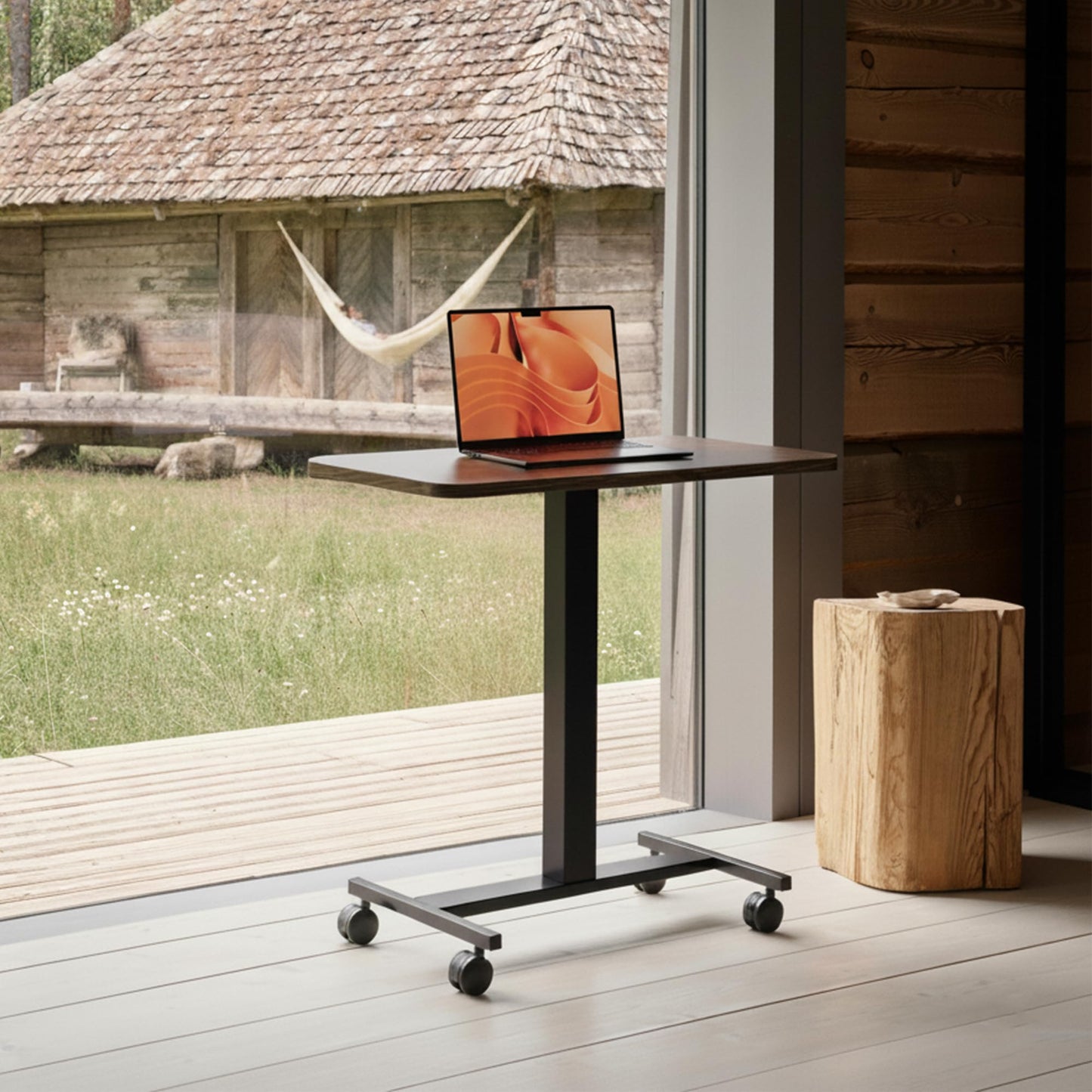 HUANUO Small Rolling Laptop Standing Desk, Height Adjustable Mobile T-Base Desk with Lockable Casters, Portable Sit-Stand Workstation for Bedside & Sofa, Walnut