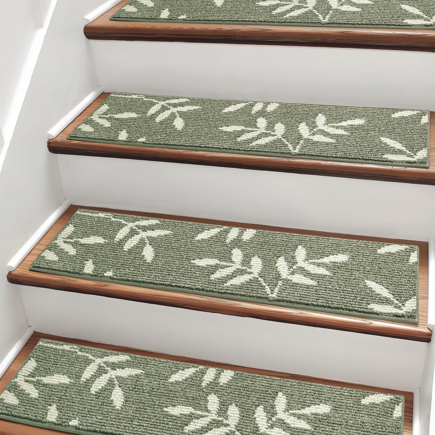 TANVILL Carpet Stair Treads, Non-Slip Stair Treads for Wooden Steps Indoor, 30”x8” Stair Runner for Pets Non Skid Wood Staircase Step Treads Reusable, Set of 15, Green