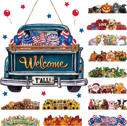 Ferraycle Interchangeable Welcome Sign for Front Door Farmhouse Truck Decor Rustic Hanging Sign with 12 Interchangeable Seasonal Holiday Decor for Fall Thanksgiving Halloween Christmas(Cute Color)