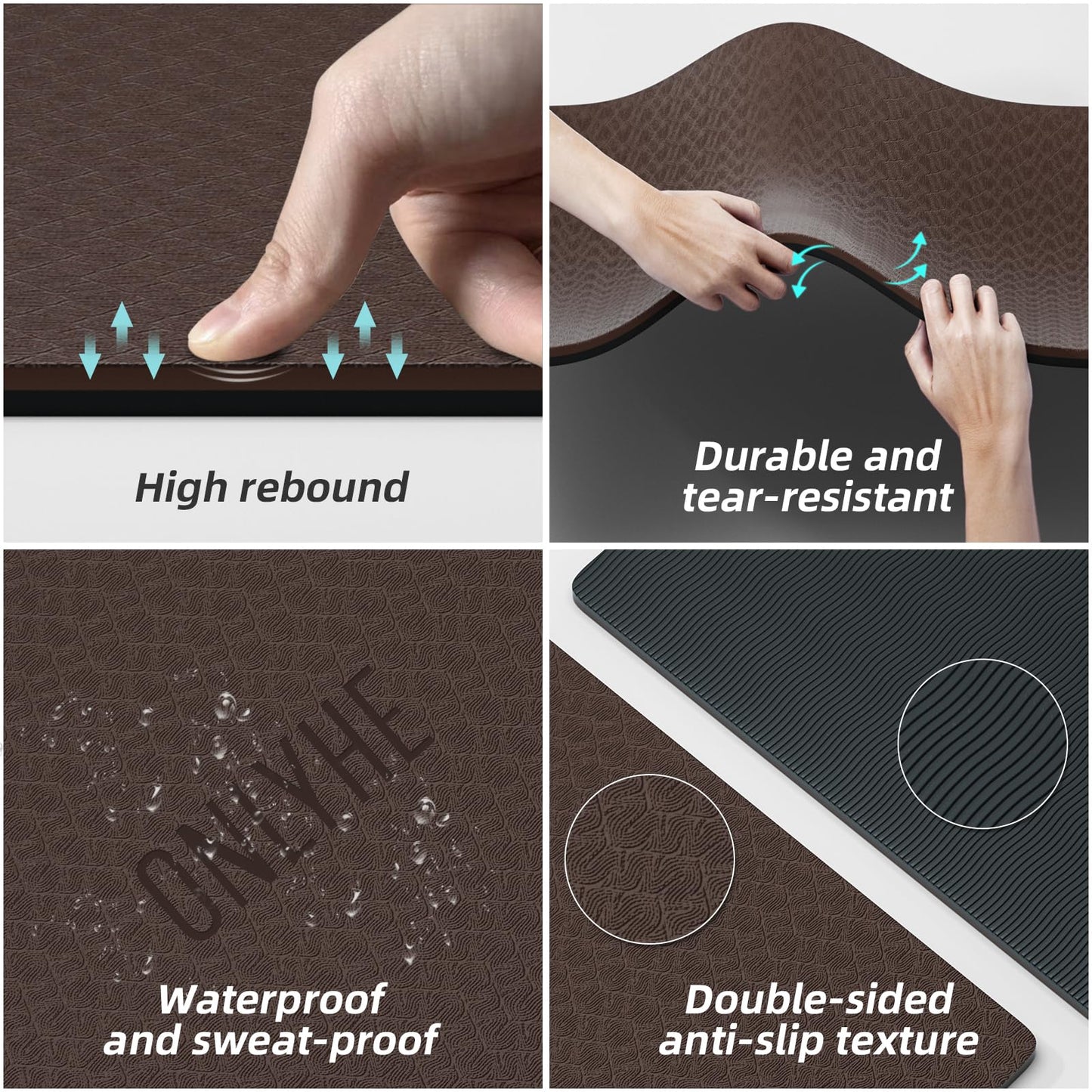 ONLYHE Yoga Mat Thick (8mm) Exercise Mat Non-Slip Ripstop Pilates Mat for Women and Men for Home, Barefoot Workout and Floor Workout with Strap (71 x 24 inch) (Dark coffee + black)