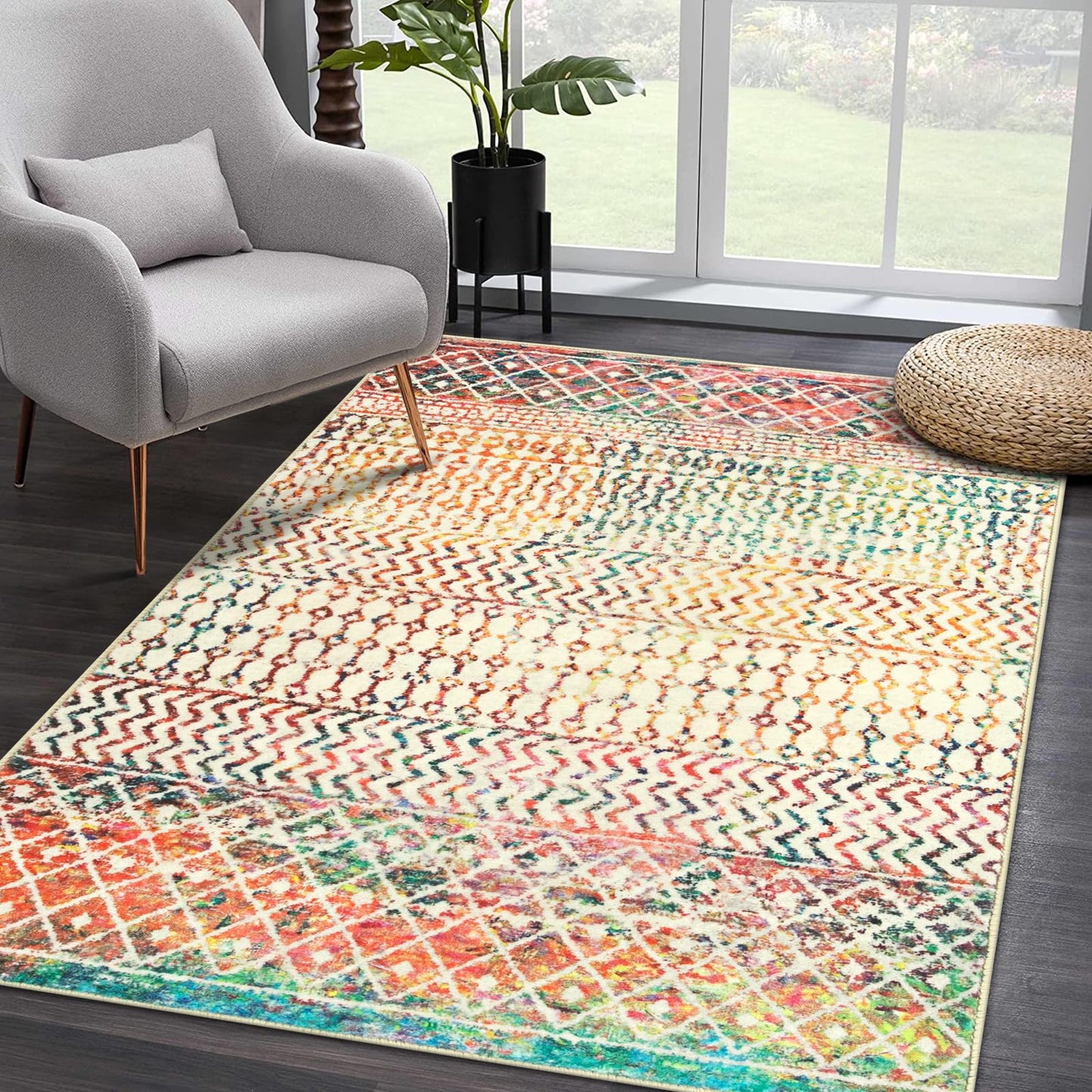 Nailttos Moroccan Living Room Rugs, 5x7 Soft Bohemian Distressed Non-Slip Large Rug, Low Pile Washable Farmhouse Rug Indoor Floor Carpet for Bedroom Under Dining Table Home Office Decor