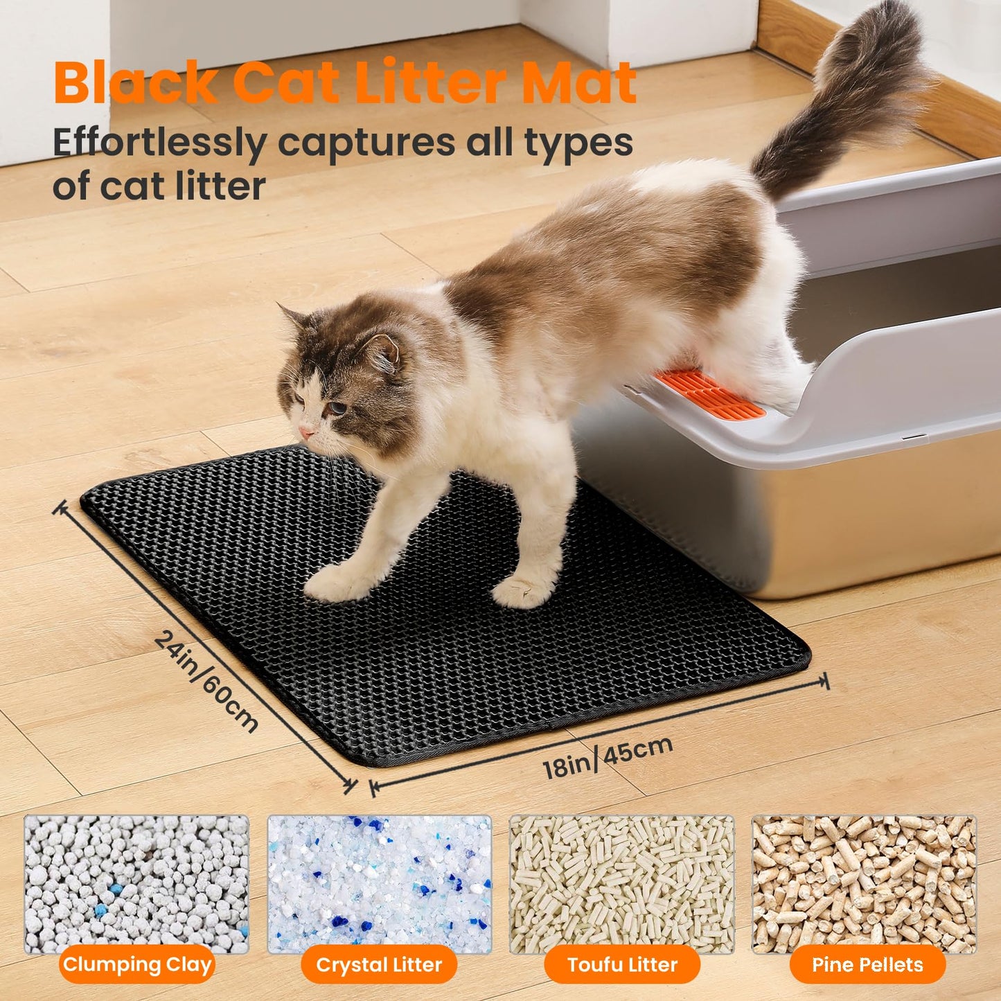 Petinstinct Cat Litter Mat, Double Layer Honeycomb Cat Litter Trapping Mat, Non Slip Waterproof Urine Proof Cat Litter Box Mat for Floor, Kitty Litter Rug, Cat Supplies, Black, 24x18 Inches