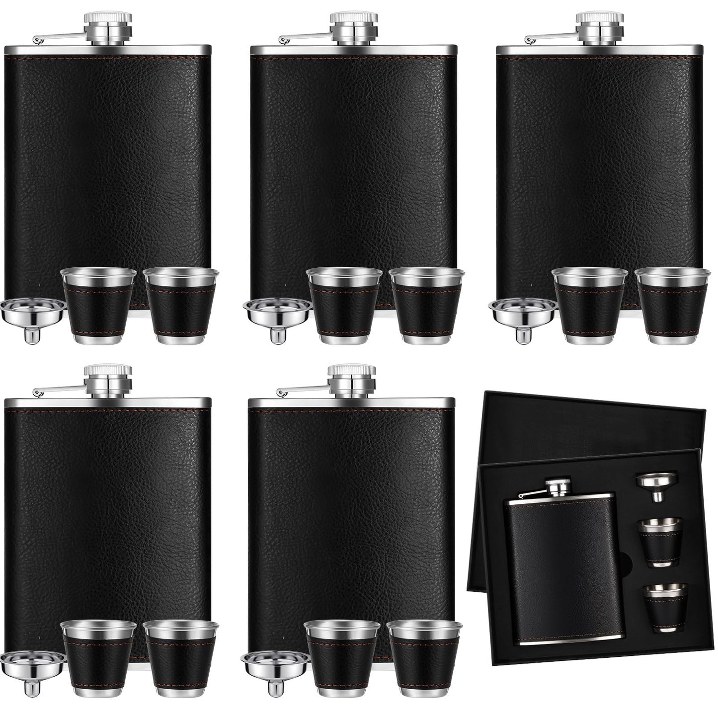Domensi 6 Set Hip Flask Gift Set Flask for Liquor for Men with Black Leather Cover 8 oz Hip Flask Set 18/8 Stainless Steel Hip Flasks with 2 Cups & Funnel for Men Gift Box, Camping, Wedding Party